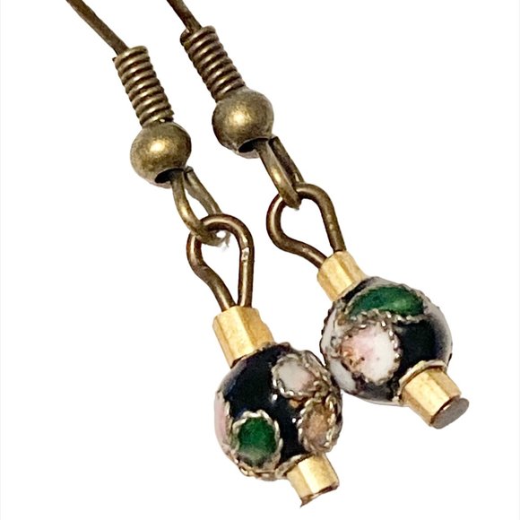 Vintage Cloisonne Bead Earrings Round Black Gold Tone Bronze Plated Dainty - Picture 5 of 13